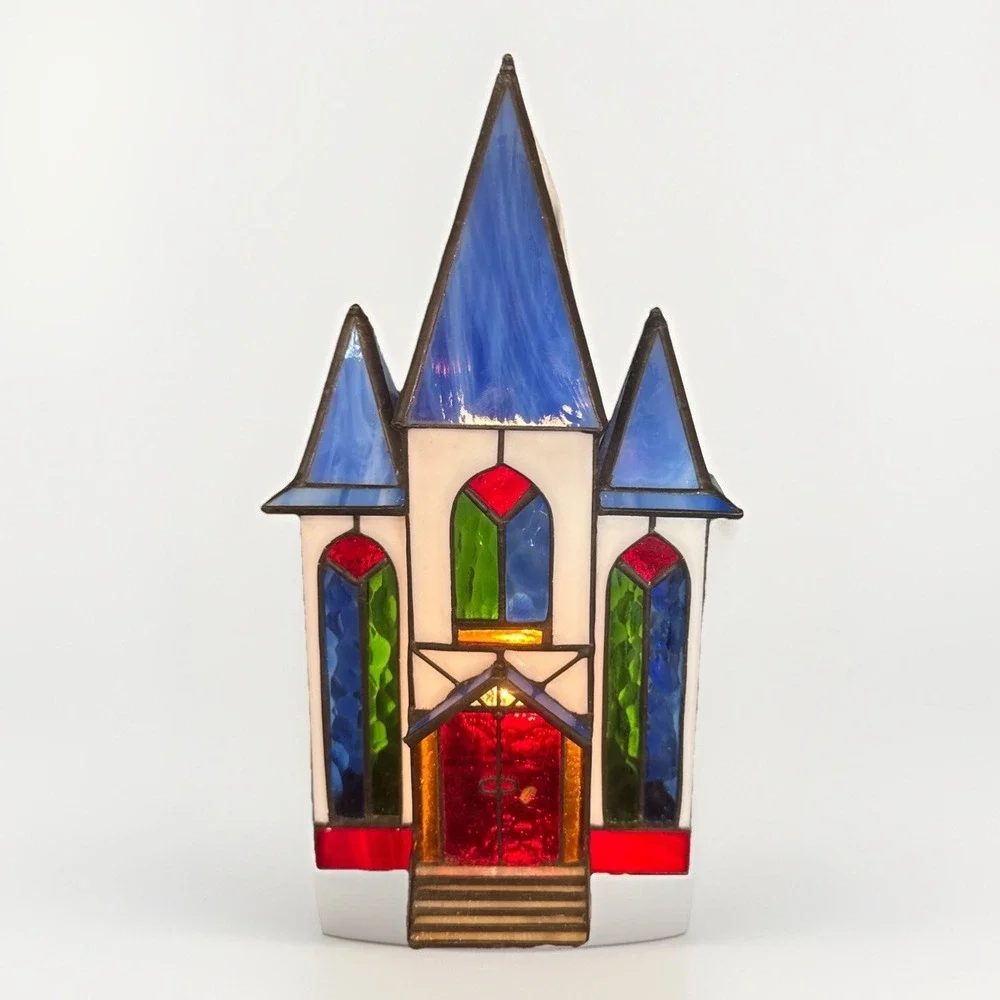 Vtg Tiffany Style Xmas Stained Glass Village Victorian Houses Church Replacement